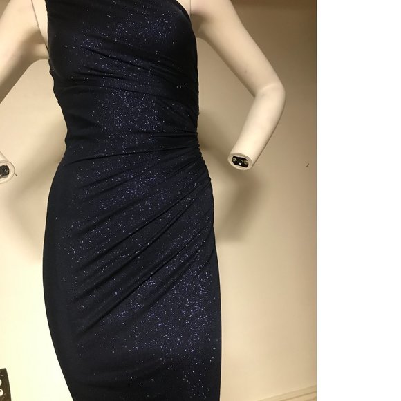 Le Chateau Navy Blue stretchy shiny sparkle metallic one shoulder dress NWT - Picture 4 of 8